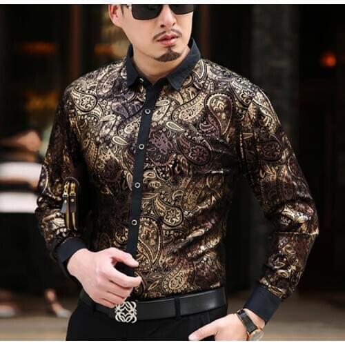 Fashion Luxury Mens Gilding Velvet Shirts Formal Paisley Print Silk Dress Shirt Men Long Sleeve Business Shirt Slim Fit