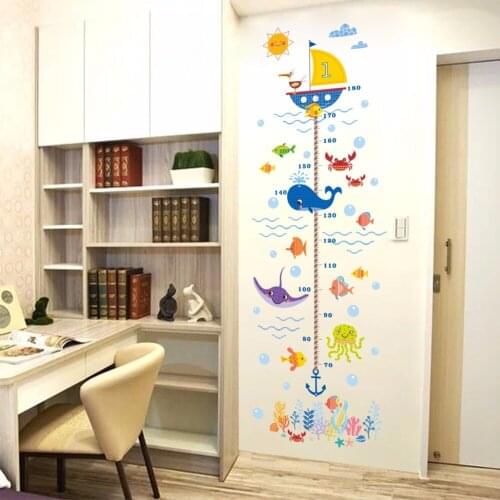 Underwater Animals Wall Stickers Cartoon Whale Baby Height Chart Decal For Kids Room Kindergarten Self Adhesive Decor Mural Gift