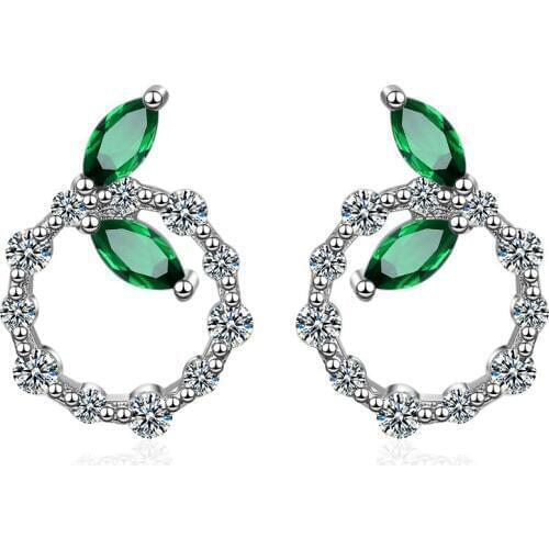 New Arrivals Trendy Elegant Green Leaf Cubic Zirconia 925 Sterling Silver Ladies`Stud Earrings Original Jewelry Anti Allergy