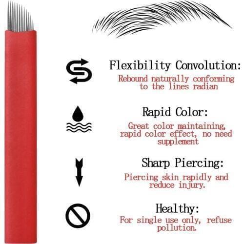 Disposable Tattoo Needles Microblading Blades 50Pcs 12Pin Red Eyebrow Lip Permanent Makeup Stainless Steel for Tattoo Manual Pen