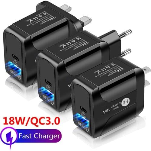 PD18W Compatible QC3.0 Fast Charge Mobile Phone Charger With LED EU US UK Plug USB Charger For IPhone/Samsung/Xiaomi/Huawei