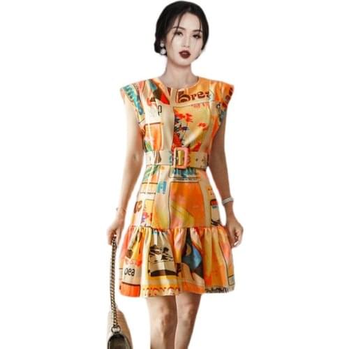 Yellow elegant print Sexy A line Dress one piece korean ladies Summer Sleeveeless Crew neck cabaret party club Dresses for women
