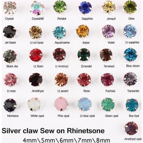 Hot sale Sew on Rhinestone 30 Colors Silver Claw Stones 4mm/5mm/6mm/7mm/8mm for dresses decoration free shiping