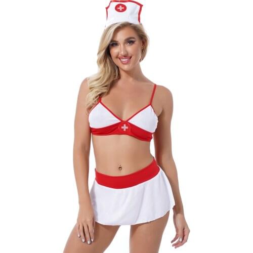 Sexy Womens Nurse Uniform Cosplay Costume Unlined Bra with Mini Skirt Hair Hoop G-string Lingerie Babydoll Costume Nightwear