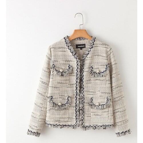 Urumbassa office lady O neck spring autumn tassels tweed short coat Fashion women jackets S216