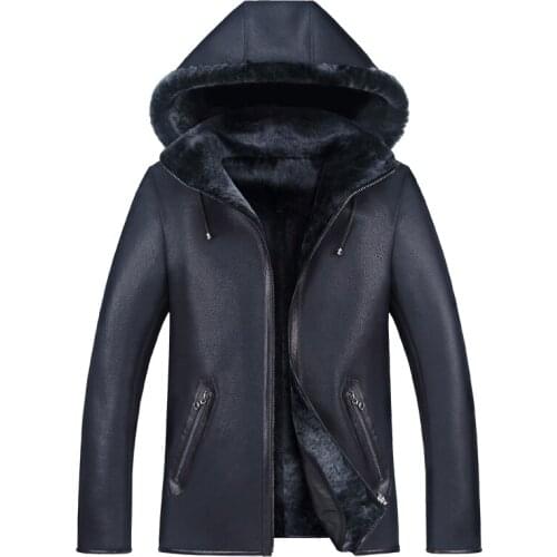 High Quality Men Genuine Leather Coat Sheepskin Mens Hooded Shearling Jacket Leather Winter Jackets Plus Size M-5XL