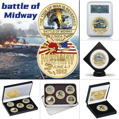 WR Battle of Midway Gold Plated Challenge Coins Set In Holder US Army Souvenir Military Commemorative Coin Gifts for Veterans