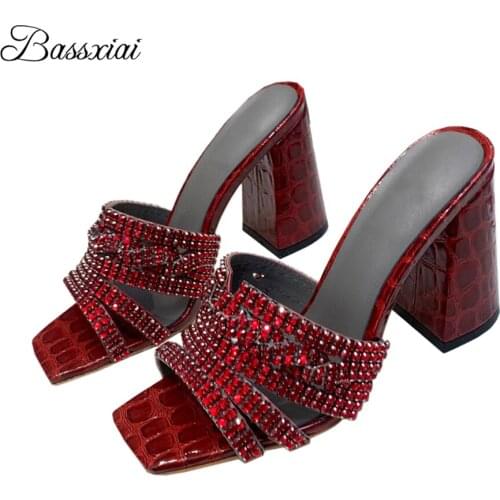 New Design 2021 Diamond Womens Sandals Chunky Heel Square Open Toe Genuine Leather Fretwork Slingbacks Rhinestone Mules