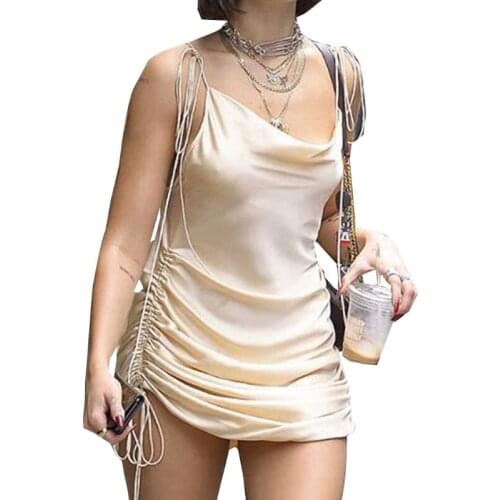 Women Summer Sleeveless Satin Slim Mini Dress Side Ruched Pleated Drawstring Cowl Neck Sexy Backless Casual Beach Party Clubwear
