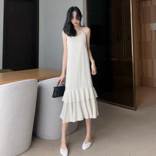 Women Maxi Dress Korean Fashion Loose Polka Dot Sling Dress Ruffle Long Dresses