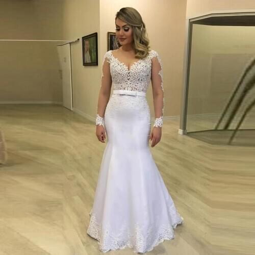 Elegant V-neck Applique Lace Mermaid Wedding Dress Long Sleeve Sheer Back Sweep Train vestido de novia Wedding Bridal Gown