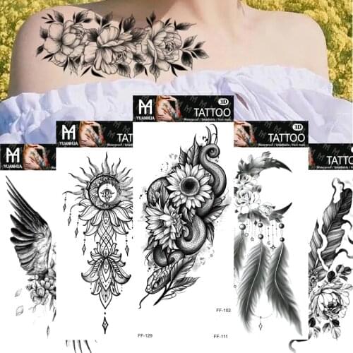 1PC Black Large Snake Flower Fake Tattoo Sticker For Women Dot Rose Peony Temporary Tattoos DIY Waterproof Tatoos Girls