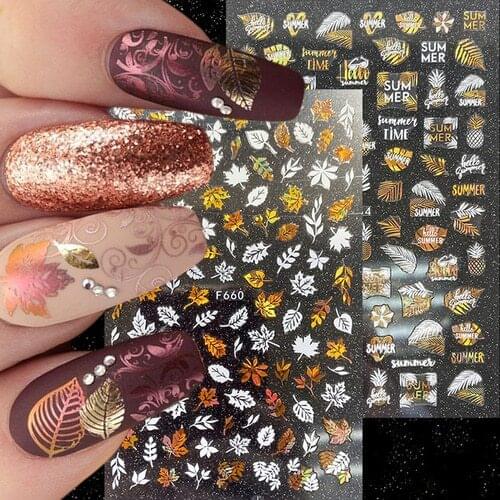 1 Pc Summer Laser Glitter Nail Stickers White Gold Coconut Tree Leaf Manicuring Nails Foils Slider Nail Art Adhesive Decals