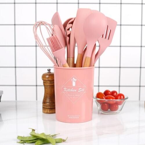 12PCS Silicone Cooking Utensils Set Non-stick Spatula Shovel Wooden Handle Cooking Tools Set With Storage Box Kitchen Tools