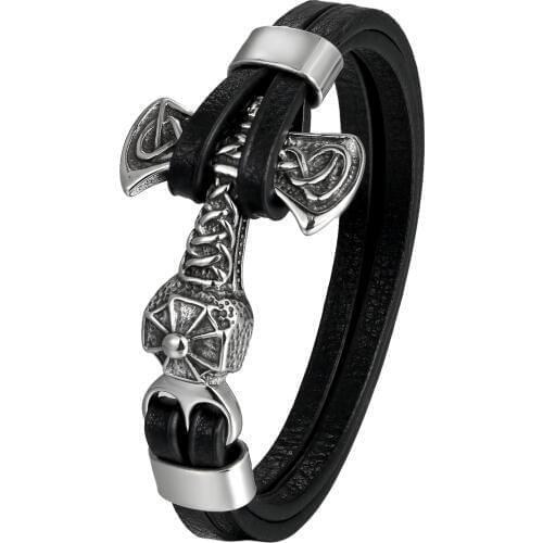 Boniskiss Wolf Head Charm with Thors Hammer Charm Leather Bracelet Magnetic Stainless Steel Clasp Bangle For Men