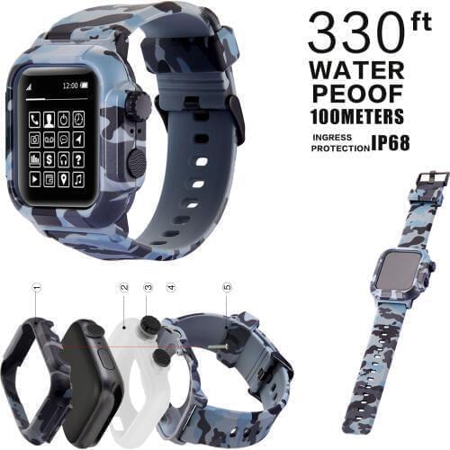 For Apple Watch 42mm 44mm Band Case Set Outdoors Camouflage Silicone Waterproof Cover For iWatch Series 5 4 3 2 Strap Bracelet