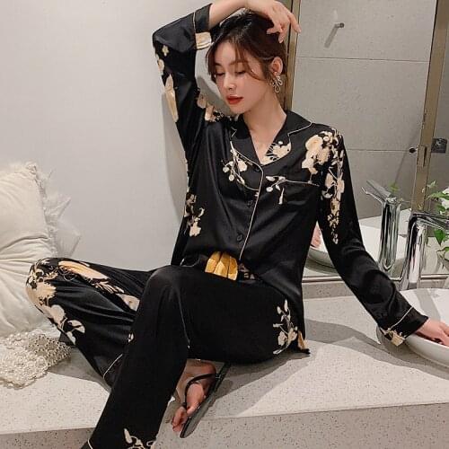 Black Print Flower Pajamas Set Women Spring Satin Silk Sleepwear Couple Sleep Set Nightwear Loose Casual Plus Size Pijamas Suit