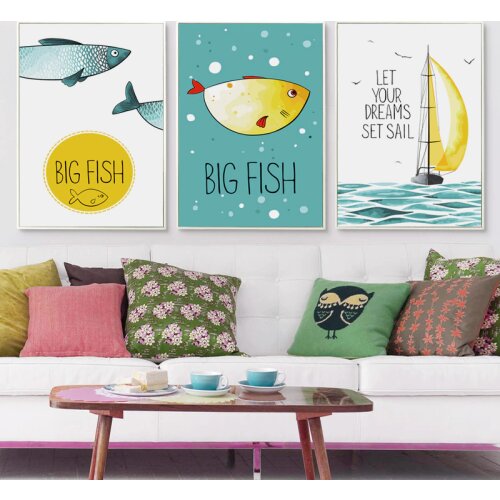 Elegant Poetry Fish and Boat Cartoon Decoration Art Canvas Painting Art Print Poster Picture Paintings Home Bedroom Wall Decor
