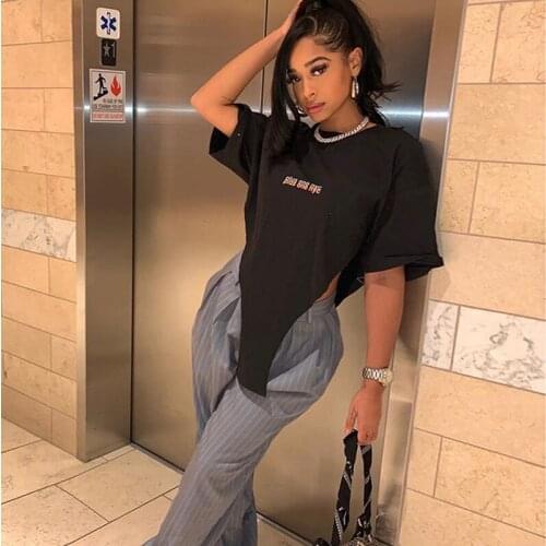 Letter Print Fashion Women T-Shirt 2021 Summer O-Neck Short Sleeve Loose Triangle TShirt Female Streetwear Casual Crop Top