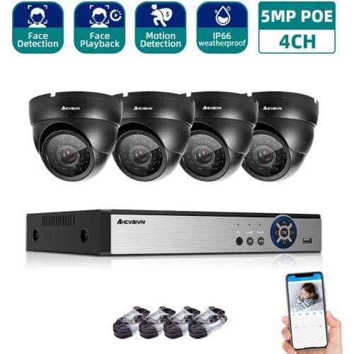 AHCVBIVN H.265 + 4CH AI Face Detection 5MP POE IP Dome Camera System Kits Waterproof CCTV Security Video Surveillance Set