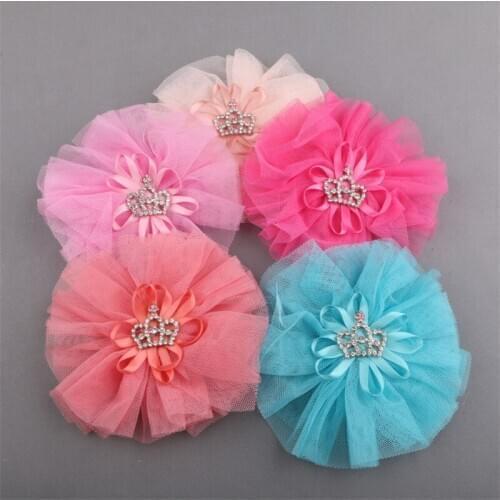 Newest Princess Crystal Rhinestone Crown Button Patch Decorated Lace Chiffon Flower Flatback Floral Hair Jewelry Headband DIY