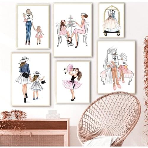 Anime Canvas Print Poster Sweet Mother And Daughter Boho Aesthetic Room decor Wall Minimalist Art Picture For Living Room Decor