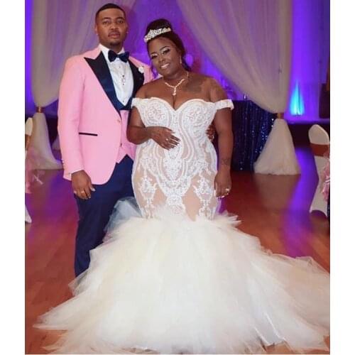 Plus Size Arabic Wedding Dresses Sexy Mermaid Champagne Bridal Gowns Lace Appliqued Off The Shouder Lady Custom Marriage Dress