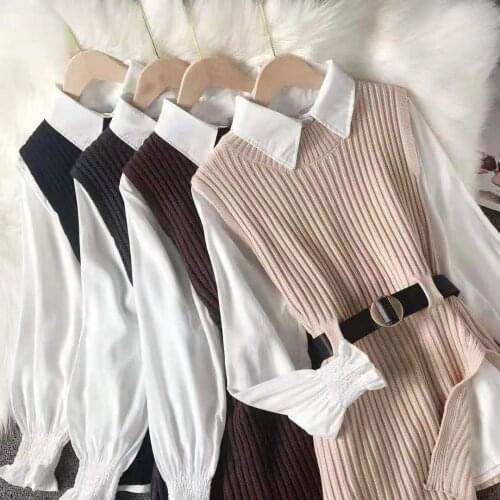 Richkeda Store New 2021 Korean New Product Autumn And Winter Models Base White Shirt With Vest And Knitted Vest Two-piece