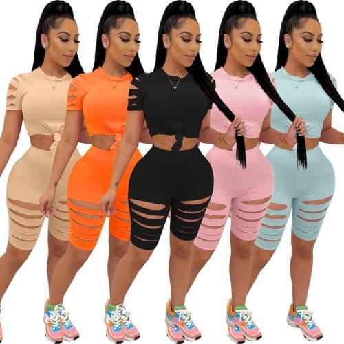 1L236 Summer Women Casual Fashion Home Solid Skinny Sexy Navel Hole Two Piece Set Top and Pants Tracksuit Sweatsuit Outfits Hot