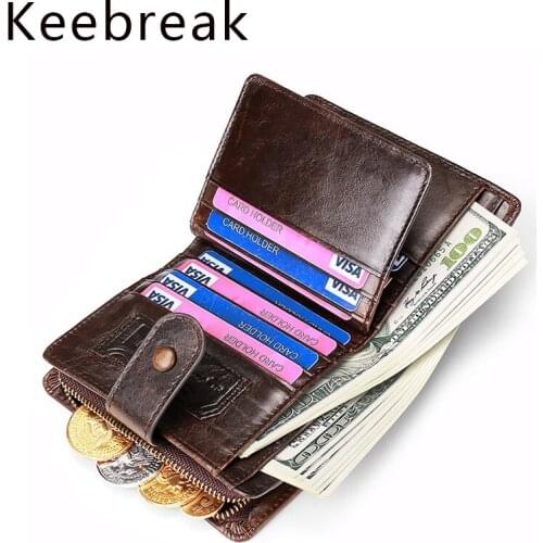 Keebreak Brand Mens Slim Wallet Vintage Rfid Card Holder Luxury Real Leather Coin Pocket Purse Male Cowhide Zipper Short Wallets
