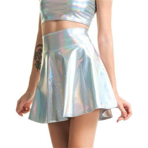PU Shiny Metallic Color Sexy Bodycon Mini Skirts Women High Waist A-line Flare Skirt New Fashion Summer Streetwear Short Skirts