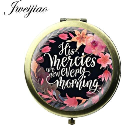 JWEIJIAO Bible Scripture Verse Quote His mercies Makeup Mirror Glass Cabochon Vintage Bronze Pocket Mirrors Gift For Christian