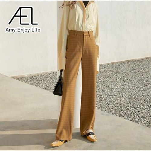 AEL Women Long Wide Leg Pants Plaid Light Brown Loose Causal Streetwear