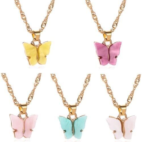 Fashion Colorful Acrylic Butterfly Necklace for Women Gold Color Twisted Clavicle Chain Insect Statement Necklace
