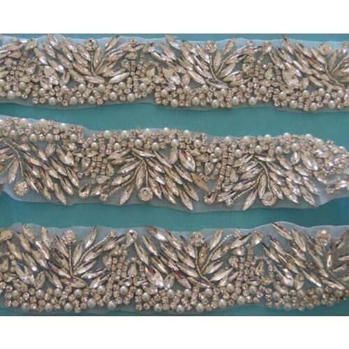 10 yards) Wholesale iron on bridal beaded applique silver clear rhinestone crystal trim for wedding dress garment sash WDD0346