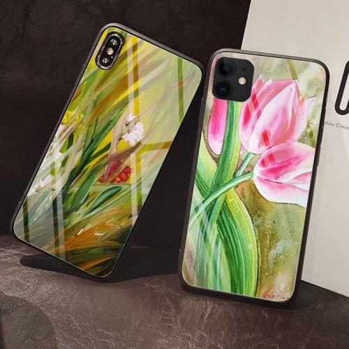 Artistic flower hand drawn Phone Case Tempered Glass For iPhone 12 Pro Max Mini 11 Pro XR XS MAX 8 X 7 6S 6 Plus SE 2020 case