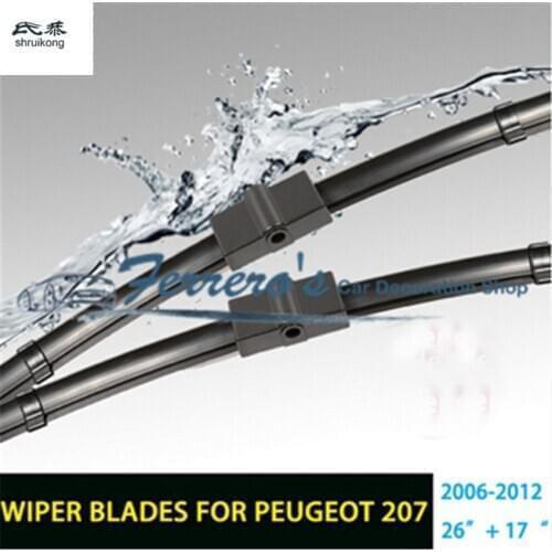 2pcs/lot car styling stickers Wiper blades for Peugeot 207 207CC 207SW (2006-2012) 26"+17" fit side pin type wiper arms only