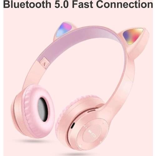 LED Luminous Wireless Headphones 5.0 Bluetooth Earphone Cat Ear Kids Gift 3.5mm Jack Headset With Mic Noise Cancelling TF Card