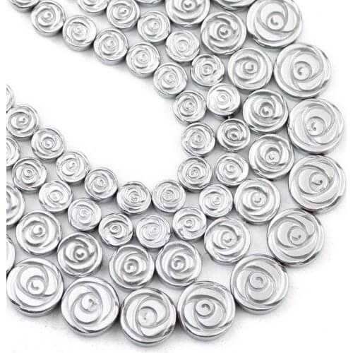 Natural Stone Silvers Plated Hematite Beads 6/8/10MM Rose Flower Shape Spacers Loose Beads For Jewelry Making Diy Bracelets 15