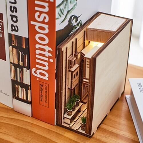 Wooden Book Nook Inserts Art Bookends DIY Bookshelf Decor Stand Decoration Japanese Style Home Decoration Model Building Kit New