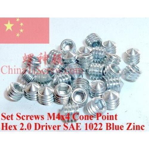 Set Screws M4x4 DIN 914 Cone Point Blue Zinc 100 pcs