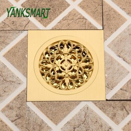 YANKSMART Golden Polished Shower Bathtub Bathroom Floor Drain Filter Sink Strainer Waste Square 100mm*100mm Drainage