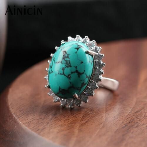 New Fashion Natural Turquoise With Black Veins Adjustable Rings For Women Rhinestone Crystal Setting Jewelry Birthday Gift