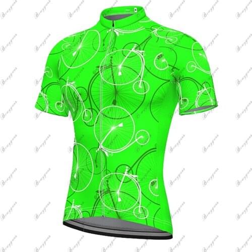 Men Short Sleeve Cycling Jersey Spandex Polyester Green Fluorescent Bike Wear Top Road Quick Dry Moisture Wicking Breathable