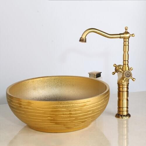 Sink Set Bathroom Cuba Banheiro Basin With Faucet Antique Brass Bamboo Shape Tap Gold Round Basin Hot & Cold Mixer Tap
