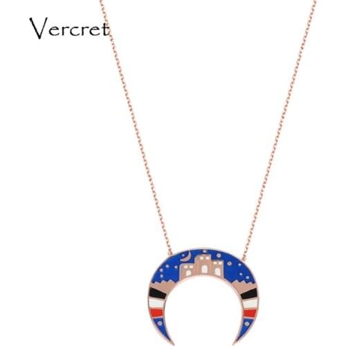 Vercret enamel crescent moon necklace rose gold genuine 925 silver starry moon pendent necklace