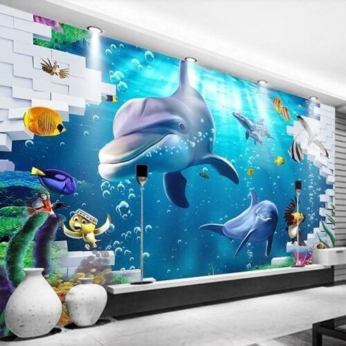 Custom Blue Underwater World Dolphin Shark Fish Coral 3D Photo Wallpaper For Kids Room Bedroom Living Room TV Background Decor