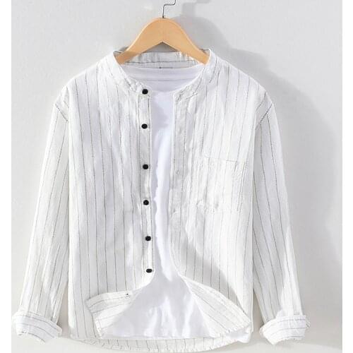 Strriped Long Sleeve Shirt for Men Regular Stand Collor Fashion Tops Male 2021 New Cotton Linen Button Down Retro Clothes