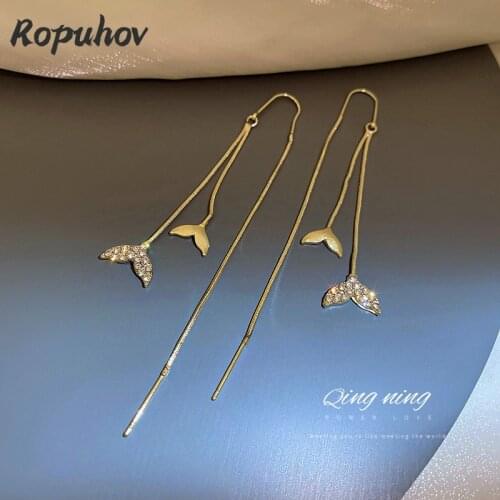 ROPUHOV 2021 New Korean Trendy 925 Silver Needle Korea Tassel Studded Fishtail Earring Long Earrings Temperament Design Women