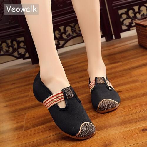 Veowalk Elastic Band Women Plain Canvas Loafers Blank Denim Fabric Chinese Style Ladies Slip on Cotton Driving Flat Shoes